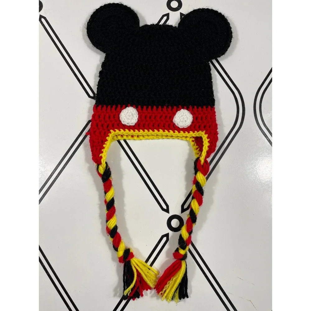 Handmade Kids Mickey Mouse Crochet‎ Hat with Braids Earflap Winter Beanie